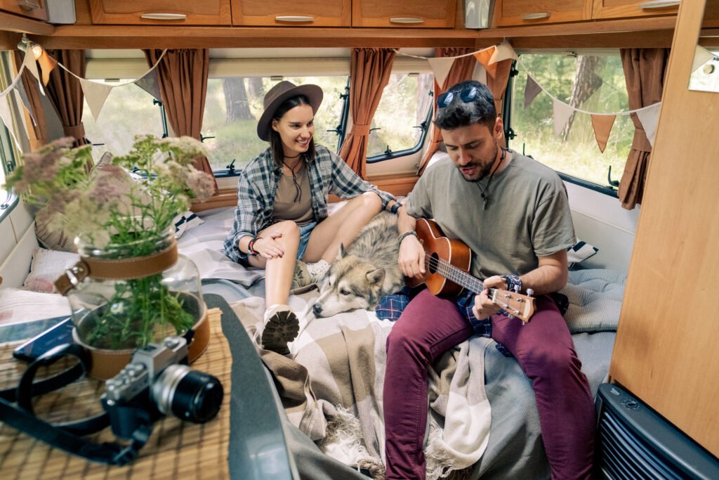 young romantic couple enjoying summer vacation in mobile house